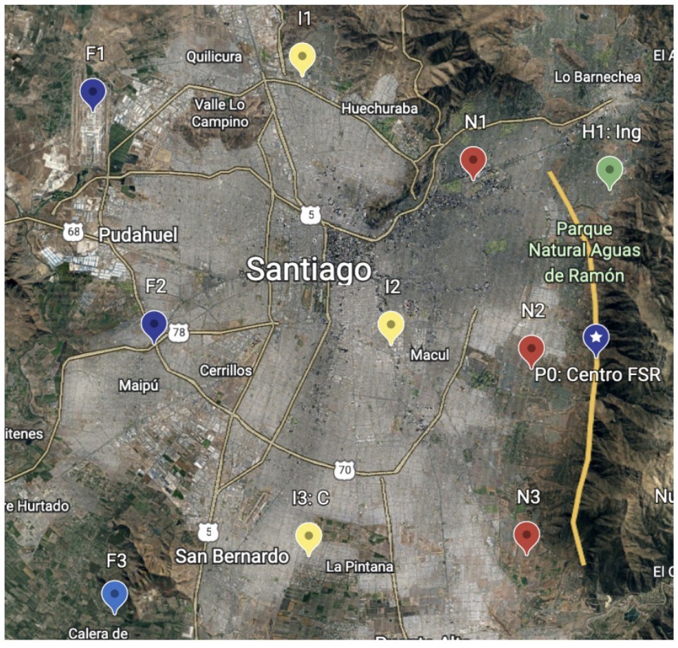 Study sites in the Santiago basin and the San Ramón Fault trace